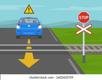 Safe driving tips and traffic regulation rules. Reversing the vehicle in a wrong direction on a railway crossing is prohibited. Flat vector illustration template.