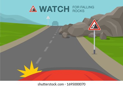 Safe driving tips and traffic regulation rules. Watch for falling rock road sign. Car is about to go round the rocks on the country road. Flat vector illustration template.