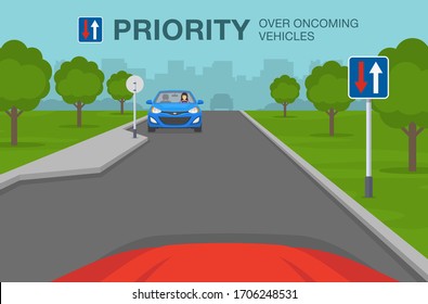 Safe driving tips and traffic regulation rules. Priority over oncoming vehicles traffic or road sign rule. Car is waiting at give way sign. Flat vector illustration template.