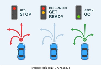 Safe driving tips and traffic regulation rules. Traffic light and their meaning infographic. Car driver instruction. Flat vector illustration template.