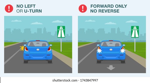 Safe driving tips and traffic regulation rules. Driving a car on freeway or highway. No turn or reverse. Flat vector illustration template.