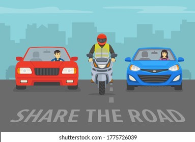 Motociclista entre dos coches en la carretera. Compartir la plantilla de diseño de afiches de advertencia de carril. Ilustración vectorial plana.