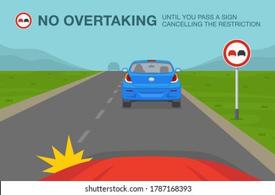 Safe driving tips and traffic regulation rules. No overtaking or do not pass road sign meaning. Flat vector illustration template.