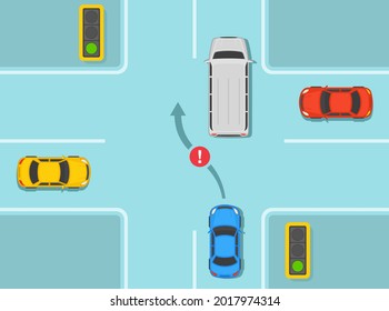 Safe driving tips and traffic regulation rules. Blue sedan car is about to change the position on two lane road. No overtaking or do not pass on crossroads rule. Flat vector illustration template.