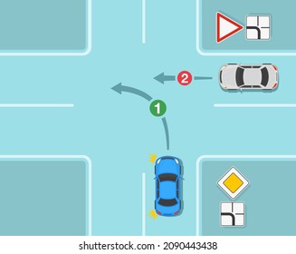 Safe driving tips and traffic regulation rules. Main road and give way signs priority on intersection road. Flat vector illustration template.