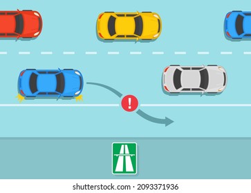 Safe driving tips and traffic regulation rules. Stopping or parking a vehicle on an expressway is not allowed. Traffic on highway, speedway, motorway. Flat vector illustration template.