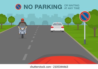 Safe driving tips and traffic regulation rules. No parking or waiting any time warning sign meaning. View of a city street. Flat vector illustration template.