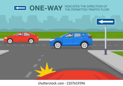 Seguridad en la conducción de automóviles y normas de regulación del tráfico. El auto está llegando a la intersección en una dirección. Signo indica la dirección del flujo de tráfico permitido. Plantilla de ilustración vectorial plana.