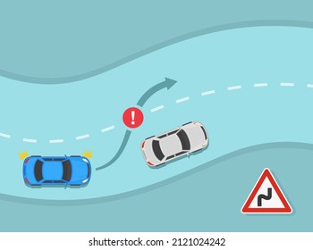 Safe driving tips and traffic regulation rules. Three or more curves in a row on the road ahead sign. Do not overtake on curves. Flat vector illustration template.