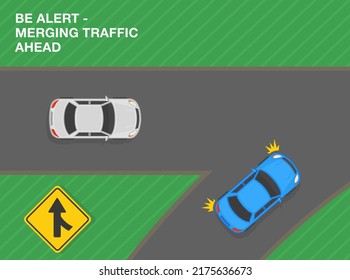 Safe driving tips and traffic regulation rules. Be alert, merging traffic ahead. Road sign meaning. Top view of a city road. Flat vector illustration template.