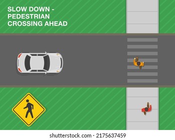 Safe driving tips and traffic regulation rules. Slow down, pedestrian crossing ahead. Road sign meaning. Top view of a city road. Flat vector illustration template.