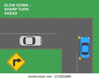 Safe driving tips and traffic regulation rules. Slow down, sharp turn ahead. Road sign meaning. Top view of a city road. Flat vector illustration template.