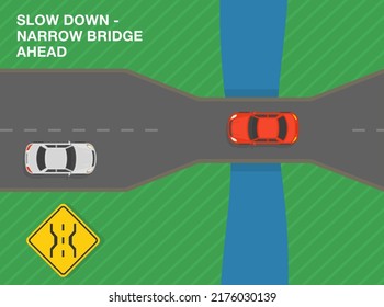 Safe driving tips and traffic regulation rules. Slow down, narrow bridge ahead. Road sign meaning. Top view of a city road. Flat vector illustration template.