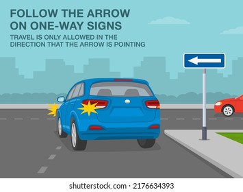 Safe driving tips and traffic regulation rules. Follow the arrow on one-way signs. Blue suv car is about to turn left on t-junction. Flat vector illustration template.