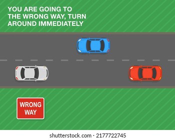 Safe Driving Tips And Traffic Regulation Rules. Wrong Way Road Sign Meaning. You Are Going To The Wrong Way, Turn Around Immediately. Top View Of A City Road. Flat Vector Illustration Template.