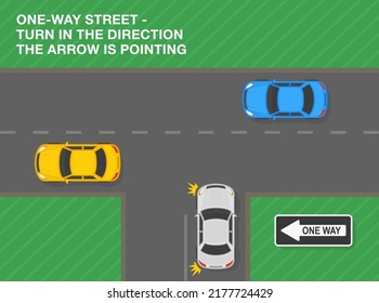 Safe driving tips and traffic regulation rules. One-way street, turn in the direction the arrow is pointing. Road sign meaning. Top view of a city road. Flat vector illustration template.