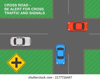 Safe driving tips and traffic regulation rules. "Cross road" ahead, be alert for cross traffic and signals. Road sign meaning. Top view of a city road. Flat vector illustration template.