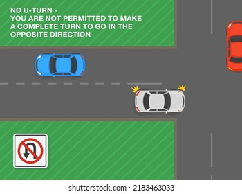 Safe driving tips and traffic regulation rules. No u-turn, you are not permitted to make a complete turn to go opposite. Road sign meaning. Top view of a city road. Flat vector illustration template.