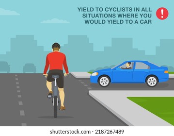 Consejos de conducción seguros y normas de regulación del tráfico. Rentabilidad a los ciclistas en todas las situaciones en las que usted se rinde a un auto. Vista posterior de un ciclismo en una carretera prioritaria. Plantilla de ilustración vectorial plana.