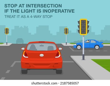 Safe driving tips and traffic regulation rules. Stop at intersection if the traffic light is inoperative, treat it as a 4-way stop. Flat vector illustration template.