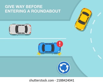 Safe driving tips and traffic regulation rules. Priority inside the roundabout. Yield before entering a roundabout. Top view. Flat vector illustration template.