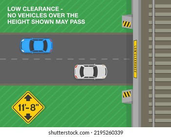 Safe driving tips and traffic regulation rules. Low clearance, no vehicles over the height shown may pass. Road sign meaning. Top view. Flat vector illustration template.