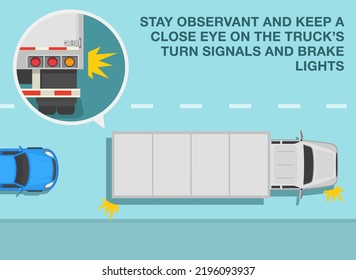 Safe driving tips and traffic regulation rules. Stay observant and keep a close eye on the truck turn signals and brake lights. Top view of traffic flow. Flat vector illustration template.