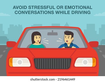 Safe driving tips and traffic regulation rules. Avoid stressful or emotional conversations while driving. Close-up view of yelling male driver and female passenger. Flat vector illustration template.