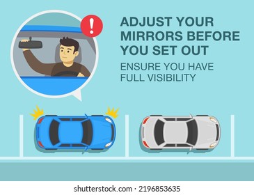 Safe driving tips and traffic regulation rules. Adjust your mirrors before you set out, ensure you have full visibility. Male driver adjusting rear mirror in a car. Flat vector illustration template. svg