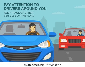 Safe driving tips and traffic regulation rules. Pay attention to drivers around you, keep track of other vehicles. Male driver looking at wing mirror while driving. Flat vector illustration template.