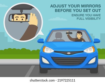 Safe driving tips and traffic regulation rules. Adjust your mirrors before you set out, ensure you have full visibility. Parked blue sedan car on city parking. Flat vector illustration template. svg