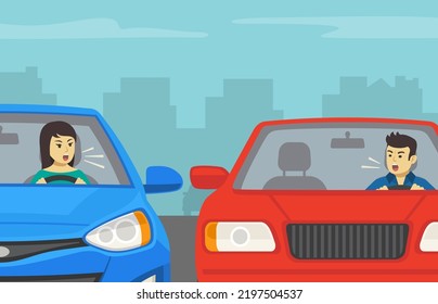 Safe driving tips and traffic regulation rules. Front view of a yelling characters. Road rage between male driver and female driver. Flat vector illustration template.
