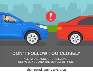 Safe driving tips and traffic regulation rules. Blue suv following a red sedan car too closely. Keep a safe distance on roads. Flat vector illustration template.