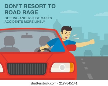 Safe driving tips and traffic regulation rules. Close-up front view of a yelling driver. Do not resort road rage, getting angry makes accidents more likely. Flat vector illustration template.