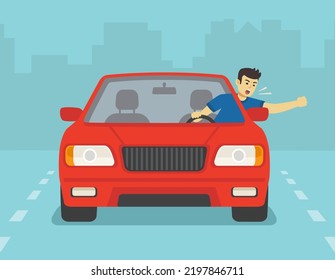 Safe driving tips and traffic regulation rules. Isolated front view of a yelling male driver. Young man leaning out the car window and shows his fist. Flat vector illustration template.