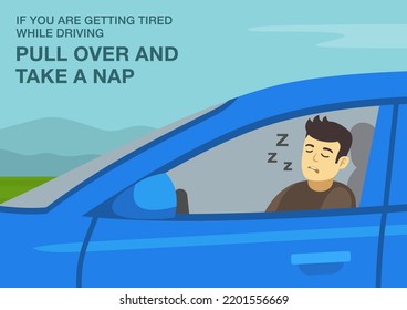 Safe driving tips and traffic regulation rules. How to stay awake when driving. If you are getting tired, pull over and take a nap. Close-up of a sleeping male driver. Flat vector illustration.