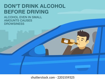 Safe driving tips and traffic regulation rules. How to stay awake when driving. Don't drink alcohol, it causes drowsiness. Close-up of male driver holding a bottle. Flat vector illustration.