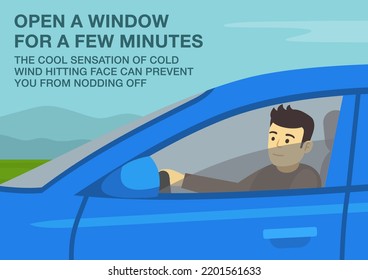 Safe driving tips and traffic regulation rules. How to stay awake when driving. Open a window for a few minutes. Character rolls down a driver's side window and looks out. Flat vector illustration.