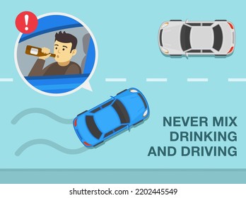 Safe driving tips and traffic regulation rules. Never mix drinking alcohol and driving. Car is about to hit oncoming vehicle. Flat vector illustration template.