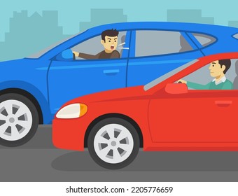 Safe Driving Tips And Traffic Regulation Rules. Close-up Of A Yelling Male Driver. Young Man Leaning Out The Car Window. Road Rage Between Drivers. Flat Vector Illustration Template.