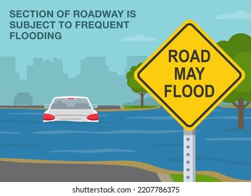 Safe driving tips and traffic regulation rules. Partially submerged car on a flooded road. The section of roadway is subject to frequent flooding. Flat vector illustration template.