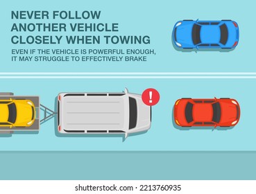 Safe driving tips and traffic regulation rules. Open car hauler trailer with vehicle on it. Never follow another vehicle closely when towing. Top view of city road. Flat vector illustration template.