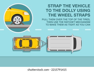 Safe driving tips and traffic regulation rules. Open car hauler trailer with vehicle on it. Strap the vehicle to the dolly using the wheel straps. Top view. Flat vector illustration template.