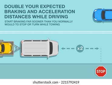 Safe driving tips and traffic regulation rules. Open car hauler trailer with vehicle on it. Double your expected braking and acceleration distances while towing. Top view. Flat vector illustration.