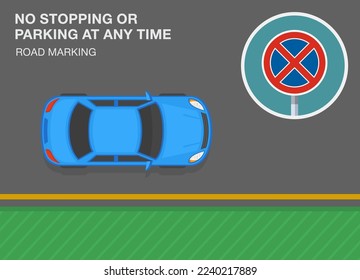 Safe driving tips and traffic regulation rules. "No stopping or parking at any time" road marking. Top view. Flat vector illustration template.