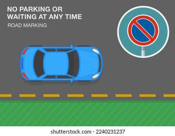 Safe driving tips and traffic regulation rules. "No parking or waiting at any time" road marking. Top view of a yellow broken line. Flat vector illustration template.