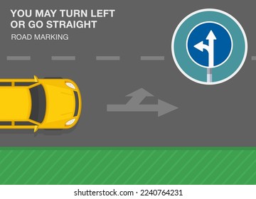Safe driving tips and traffic regulation rules. "You may turn left or go straight" road marking. Lane direction marking meaning. Flat vector illustration template.