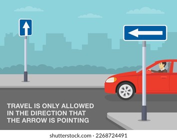 Safe driving tips and traffic regulation rules. Red car is traveling straight on one way road. Travel is allowed in the direction that the arrow is pointing. Flat vector illustration template.