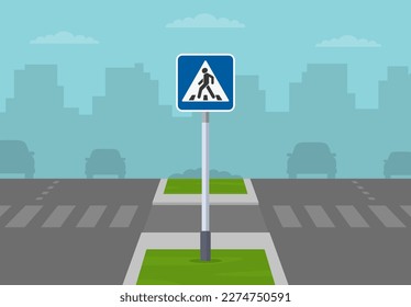 Safe driving tips and traffic regulation rules. Divided lane road. Zebra crossing with a central island. Flat vector illustration template.