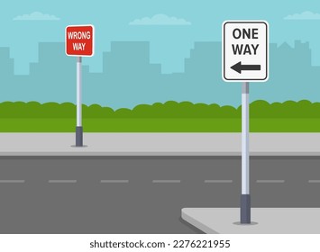 Safe driving tips and traffic regulation rules. Empty street with one way direction. "One way" and "wrong way" warning signs. Flat vector illustration template.